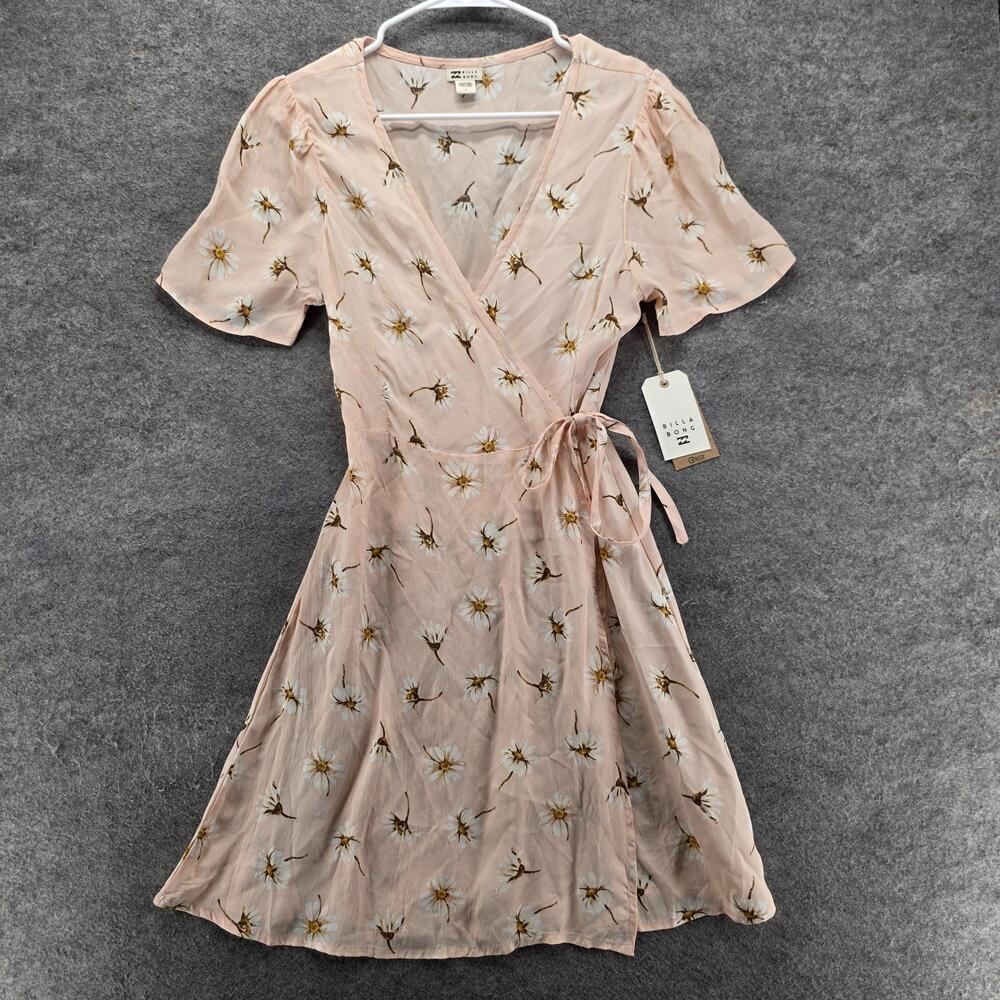 Billabong Dress Womens 10 Pink Floral Wrap Short V-Neck Tie Feelin Peachy